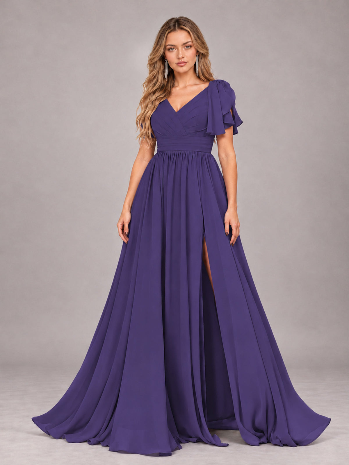 Regency Beautiful BridesmaidV-Neck Lace-Up Back Chiffon Bridesmaid Dress with Slit