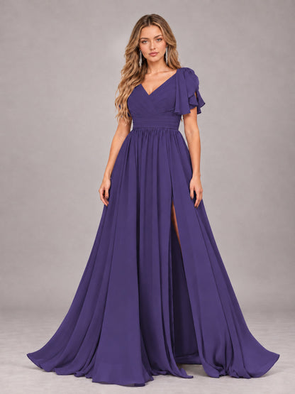 Regency Beautiful BridesmaidV-Neck Lace-Up Back Chiffon Bridesmaid Dress with Slit