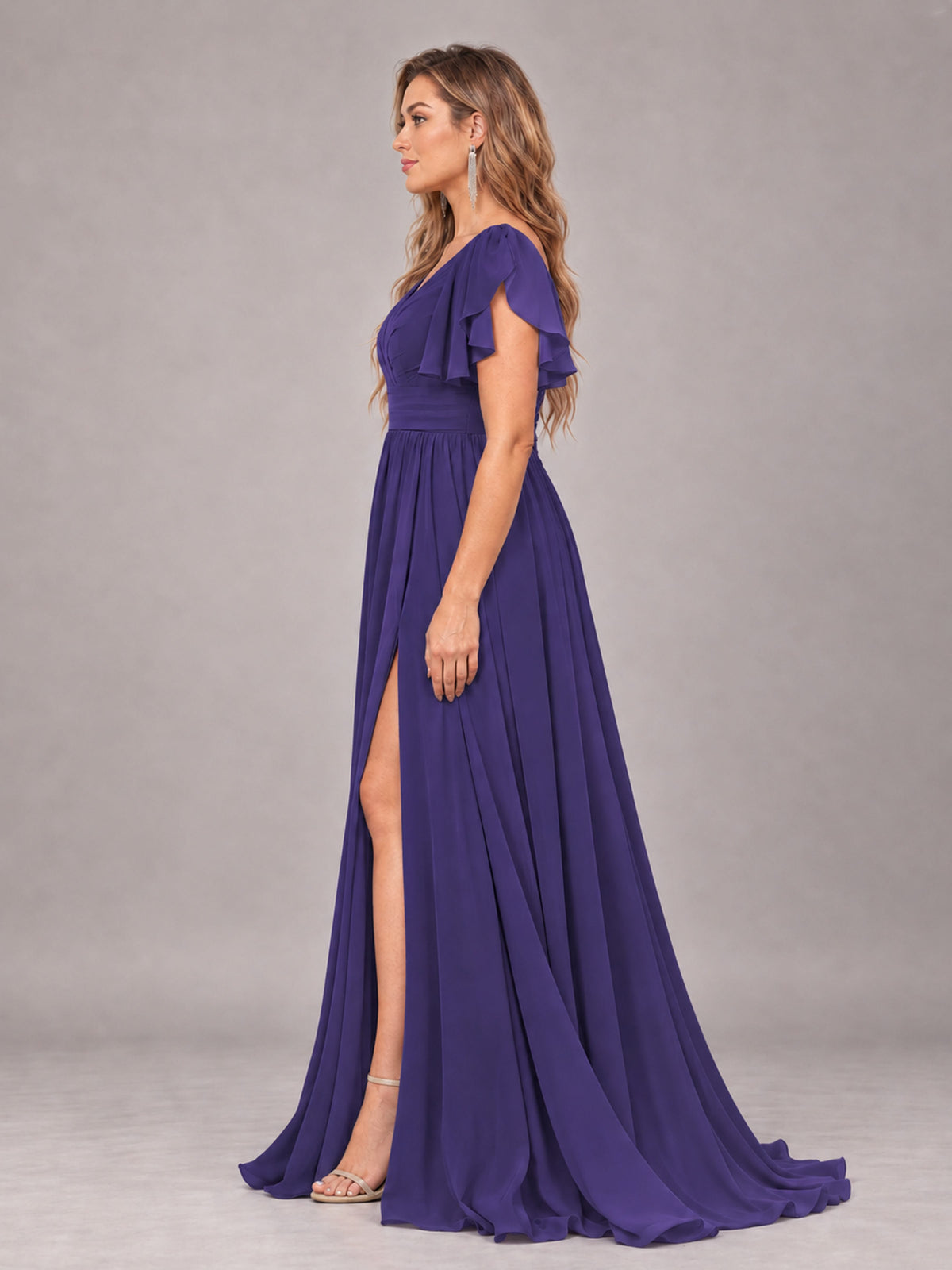 Regency Beautiful BridesmaidV-Neck Lace-Up Back Chiffon Bridesmaid Dress with Slit