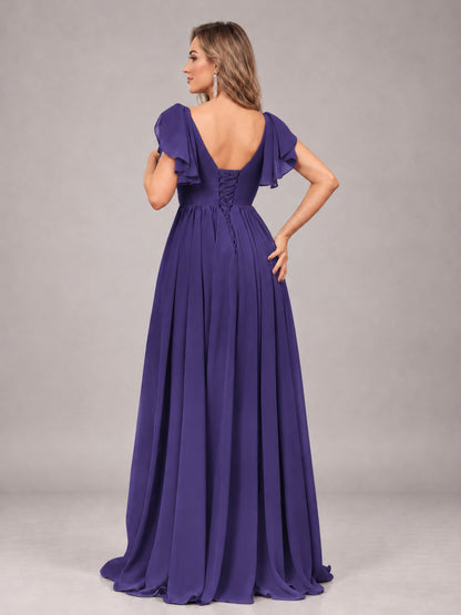 Regency Beautiful BridesmaidV-Neck Lace-Up Back Chiffon Bridesmaid Dress with Slit