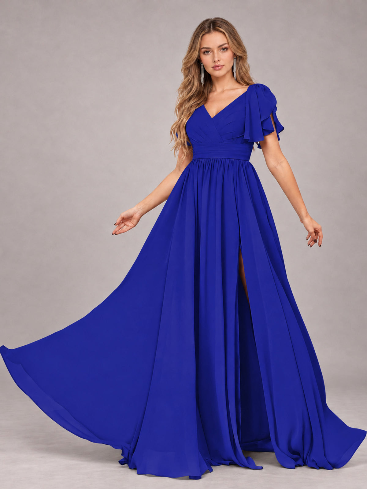 Royal Blue Beautiful BridesmaidV-Neck Lace-Up Back Chiffon Bridesmaid Dress with Slit