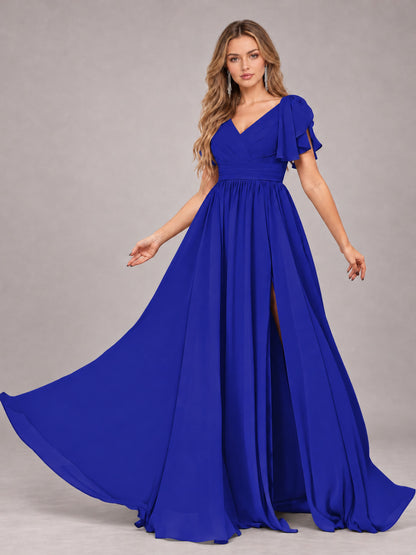 Royal Blue Beautiful BridesmaidV-Neck Lace-Up Back Chiffon Bridesmaid Dress with Slit