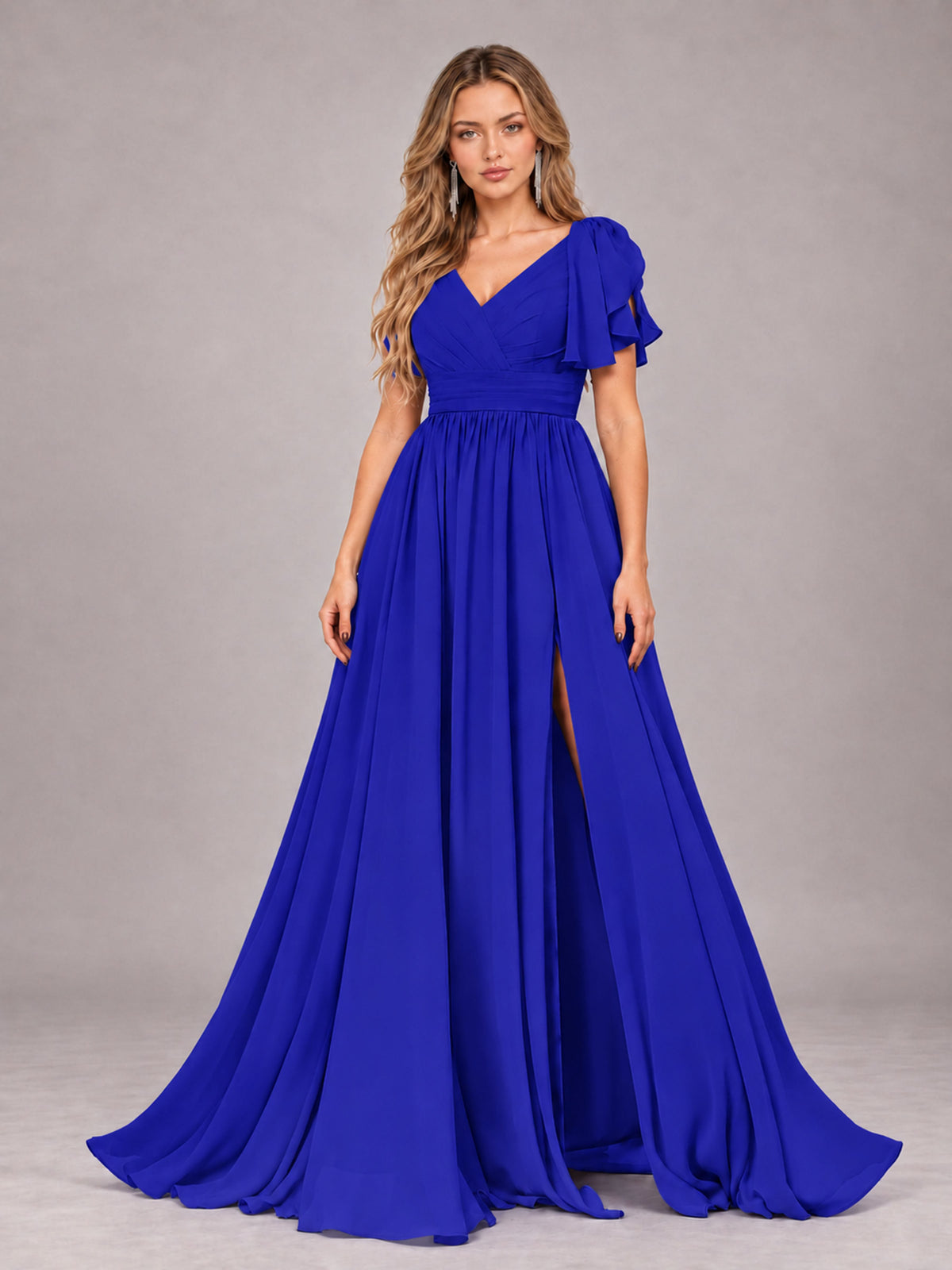 Royal Blue Beautiful BridesmaidV-Neck Lace-Up Back Chiffon Bridesmaid Dress with Slit