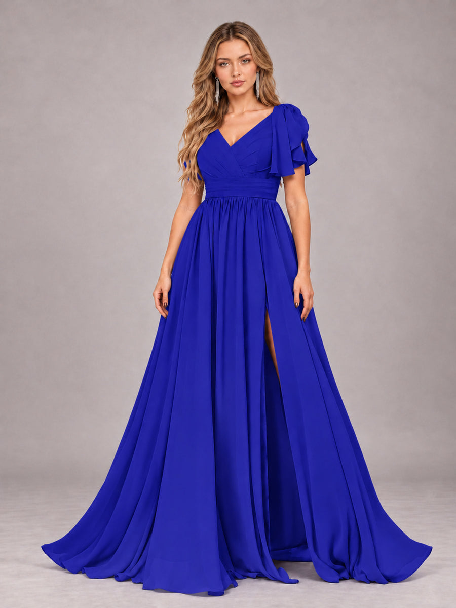 Royal Blue Beautiful BridesmaidV-Neck Lace-Up Back Chiffon Bridesmaid Dress with Slit
