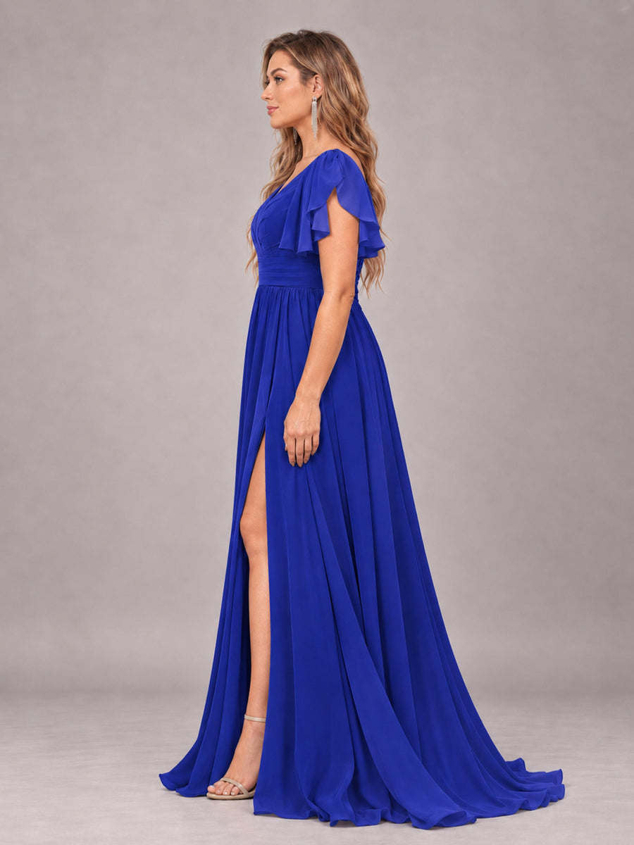 Royal Blue Beautiful BridesmaidV-Neck Lace-Up Back Chiffon Bridesmaid Dress with Slit