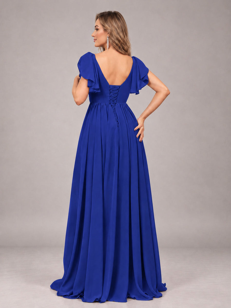 Royal Blue Beautiful BridesmaidV-Neck Lace-Up Back Chiffon Bridesmaid Dress with Slit
