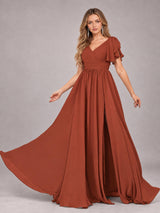 Beautiful BridesmaidV-Neck Lace-Up Back Chiffon Bridesmaid Dress with Slit