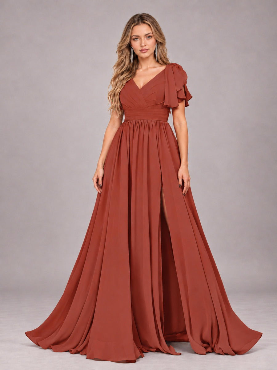 Rust Beautiful BridesmaidV-Neck Lace-Up Back Chiffon Bridesmaid Dress with Slit