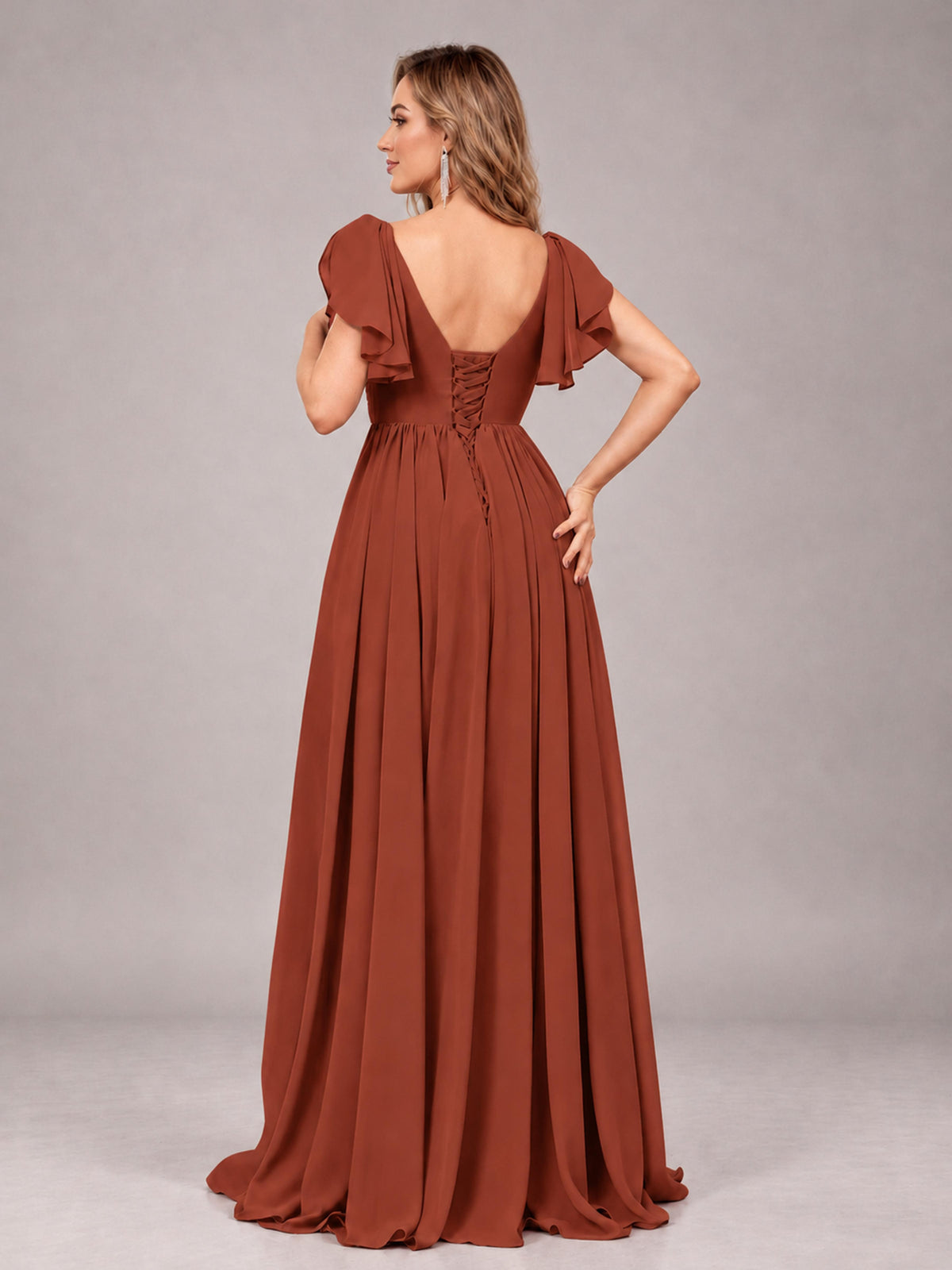 Rust Beautiful BridesmaidV-Neck Lace-Up Back Chiffon Bridesmaid Dress with Slit