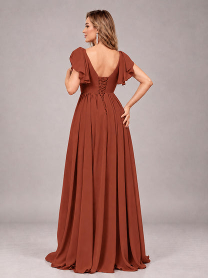 Rust Beautiful BridesmaidV-Neck Lace-Up Back Chiffon Bridesmaid Dress with Slit