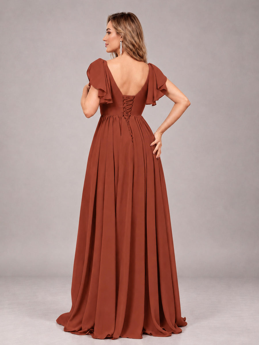 Rust Beautiful BridesmaidV-Neck Lace-Up Back Chiffon Bridesmaid Dress with Slit