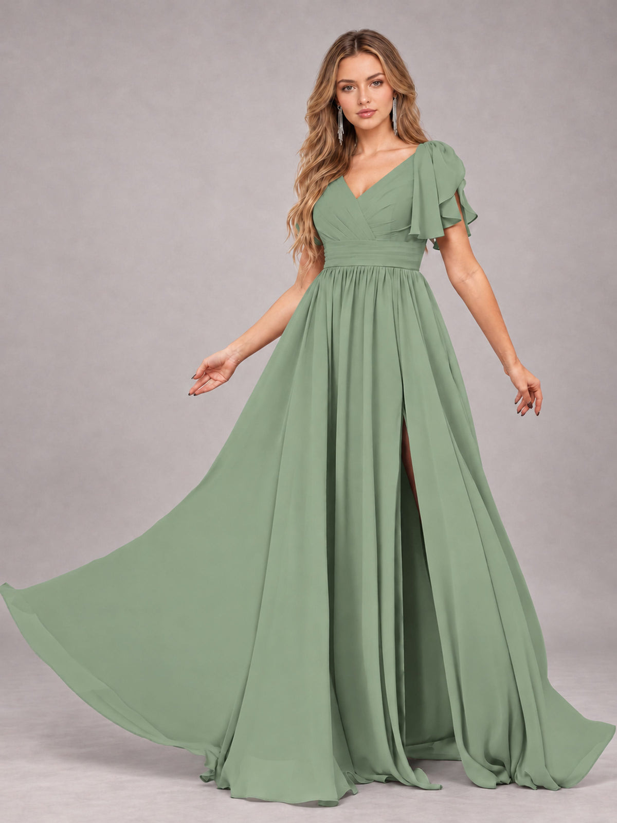 Sage Green Beautiful BridesmaidV-Neck Lace-Up Back Chiffon Bridesmaid Dress with Slit