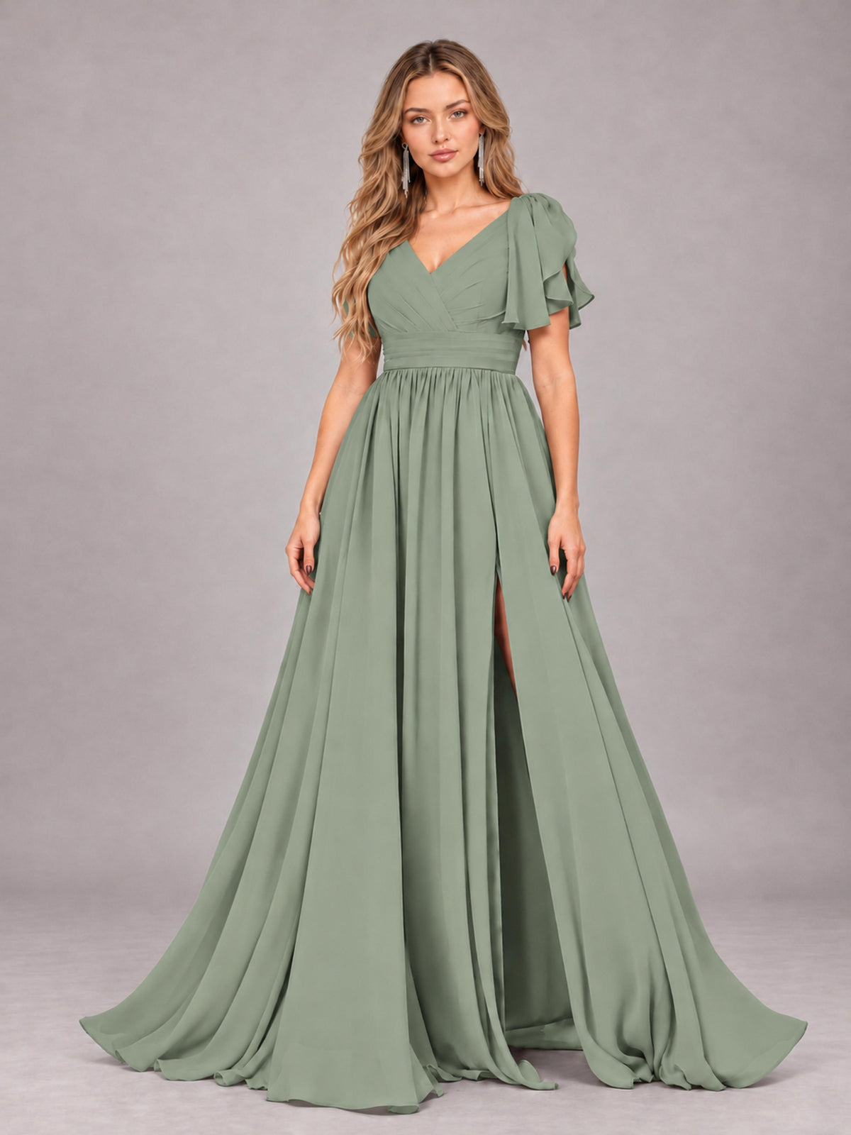 Sage Green Beautiful BridesmaidV-Neck Lace-Up Back Chiffon Bridesmaid Dress with Slit