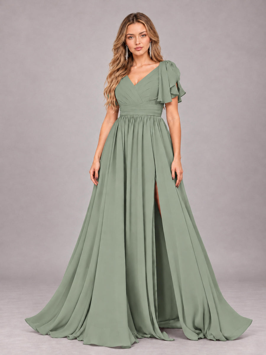 Sage Green Beautiful BridesmaidV-Neck Lace-Up Back Chiffon Bridesmaid Dress with Slit