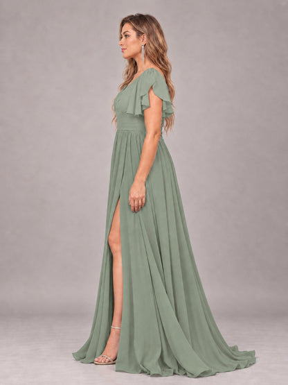 Sage Green Beautiful BridesmaidV-Neck Lace-Up Back Chiffon Bridesmaid Dress with Slit