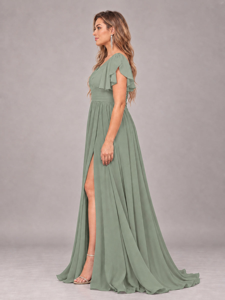 Sage Green Beautiful BridesmaidV-Neck Lace-Up Back Chiffon Bridesmaid Dress with Slit
