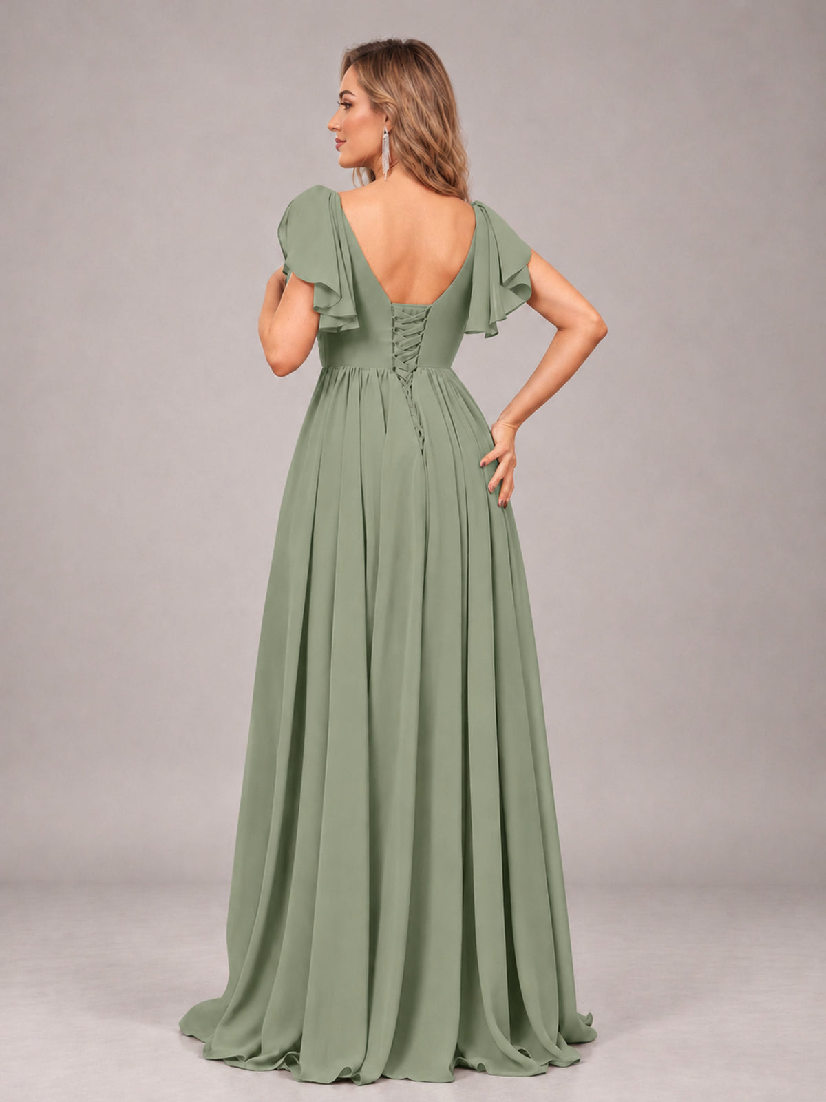 Sage Green Beautiful BridesmaidV-Neck Lace-Up Back Chiffon Bridesmaid Dress with Slit