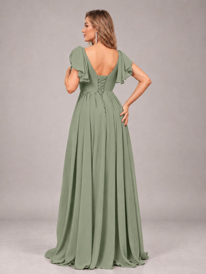 Sage Green Beautiful BridesmaidV-Neck Lace-Up Back Chiffon Bridesmaid Dress with Slit
