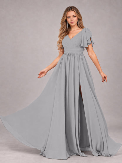 Silver Beautiful BridesmaidV-Neck Lace-Up Back Chiffon Bridesmaid Dress with Slit