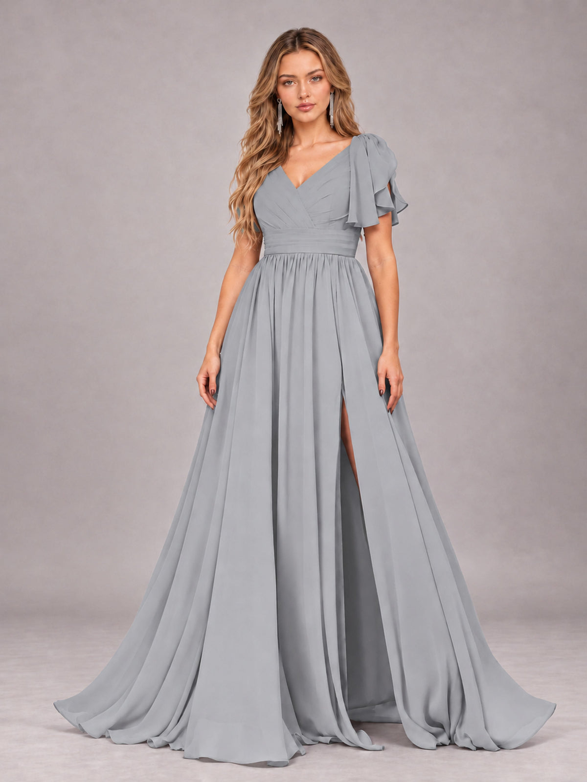Silver Beautiful BridesmaidV-Neck Lace-Up Back Chiffon Bridesmaid Dress with Slit