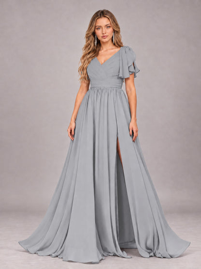 Silver Beautiful BridesmaidV-Neck Lace-Up Back Chiffon Bridesmaid Dress with Slit