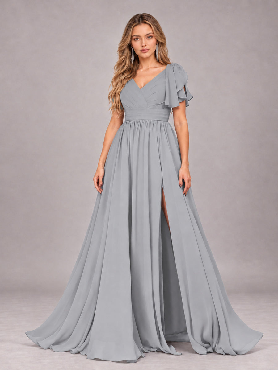 Silver Beautiful BridesmaidV-Neck Lace-Up Back Chiffon Bridesmaid Dress with Slit