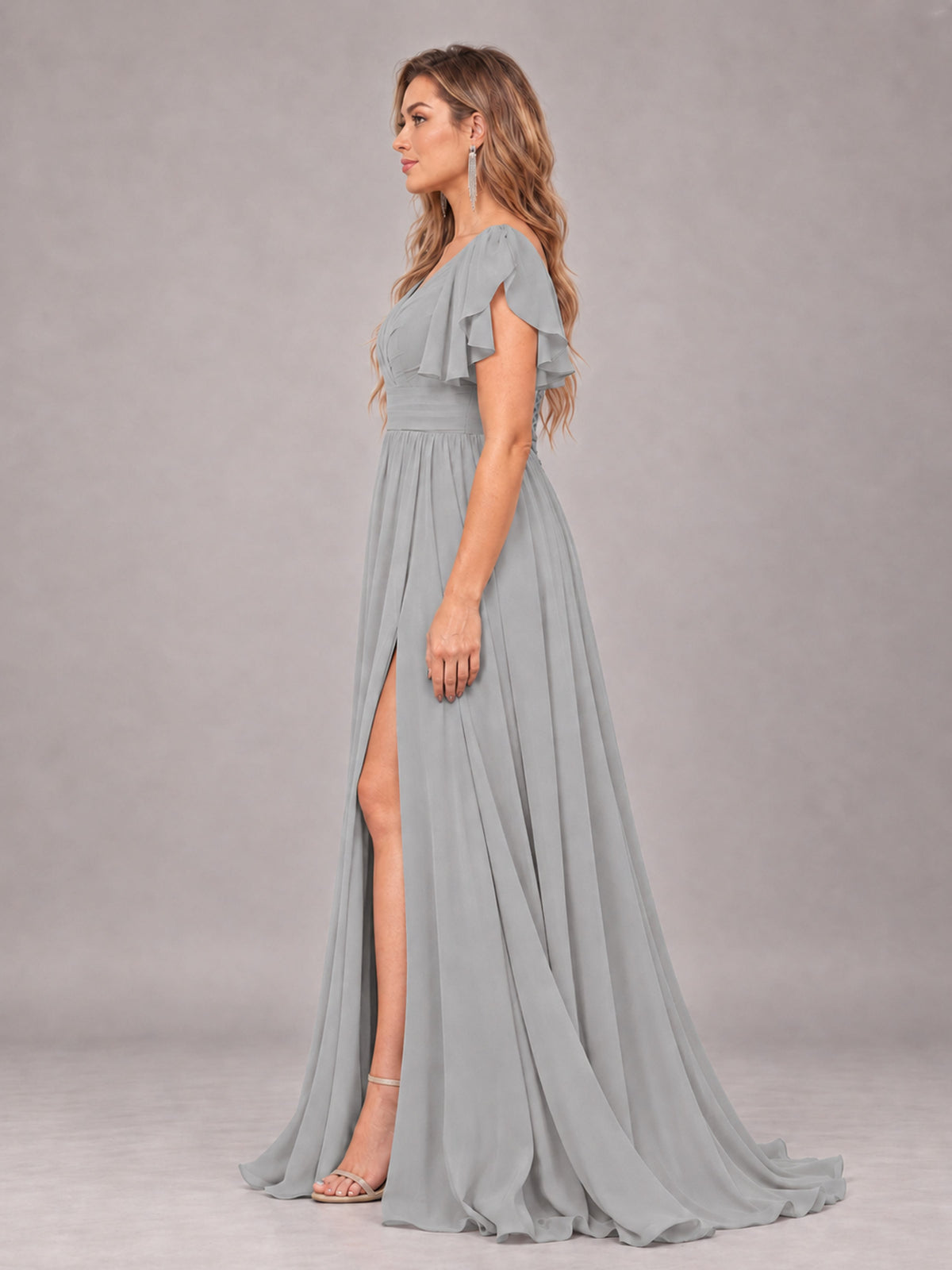 Silver Beautiful BridesmaidV-Neck Lace-Up Back Chiffon Bridesmaid Dress with Slit
