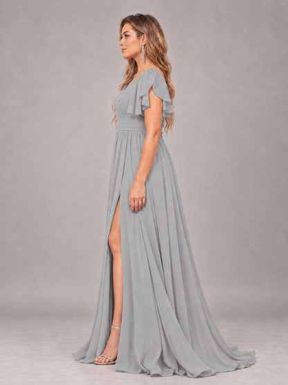 Silver Beautiful BridesmaidV-Neck Lace-Up Back Chiffon Bridesmaid Dress with Slit