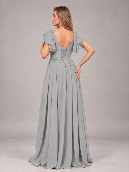 Silver Beautiful BridesmaidV-Neck Lace-Up Back Chiffon Bridesmaid Dress with Slit