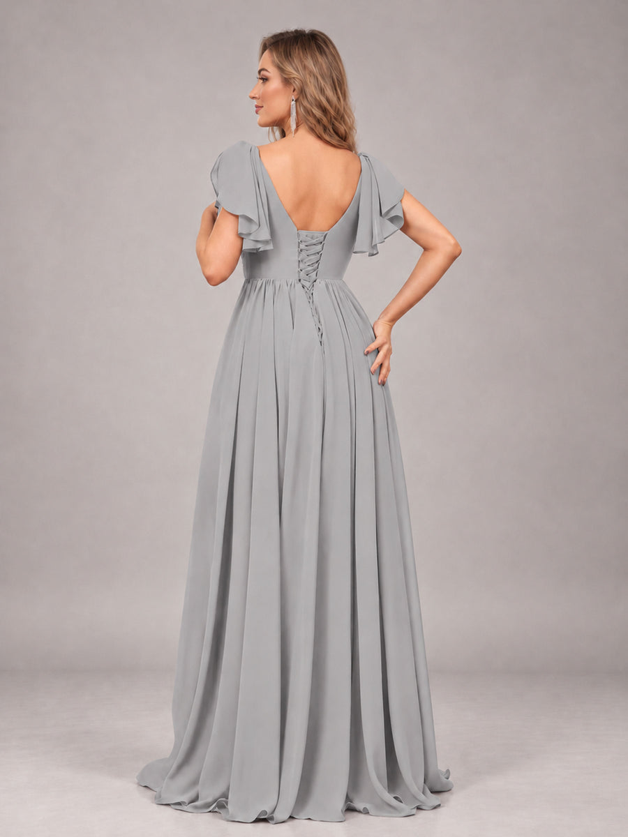 Silver Beautiful BridesmaidV-Neck Lace-Up Back Chiffon Bridesmaid Dress with Slit