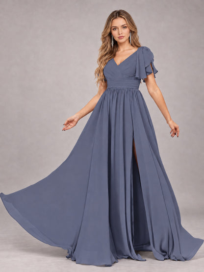 Stormy Blue Beautiful BridesmaidV-Neck Lace-Up Back Chiffon Bridesmaid Dress with Slit