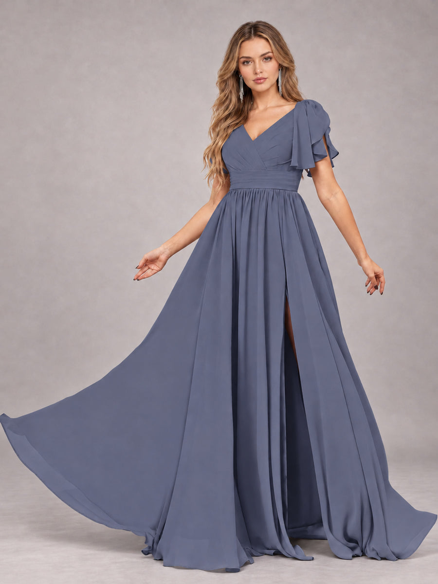 Stormy Blue Beautiful BridesmaidV-Neck Lace-Up Back Chiffon Bridesmaid Dress with Slit