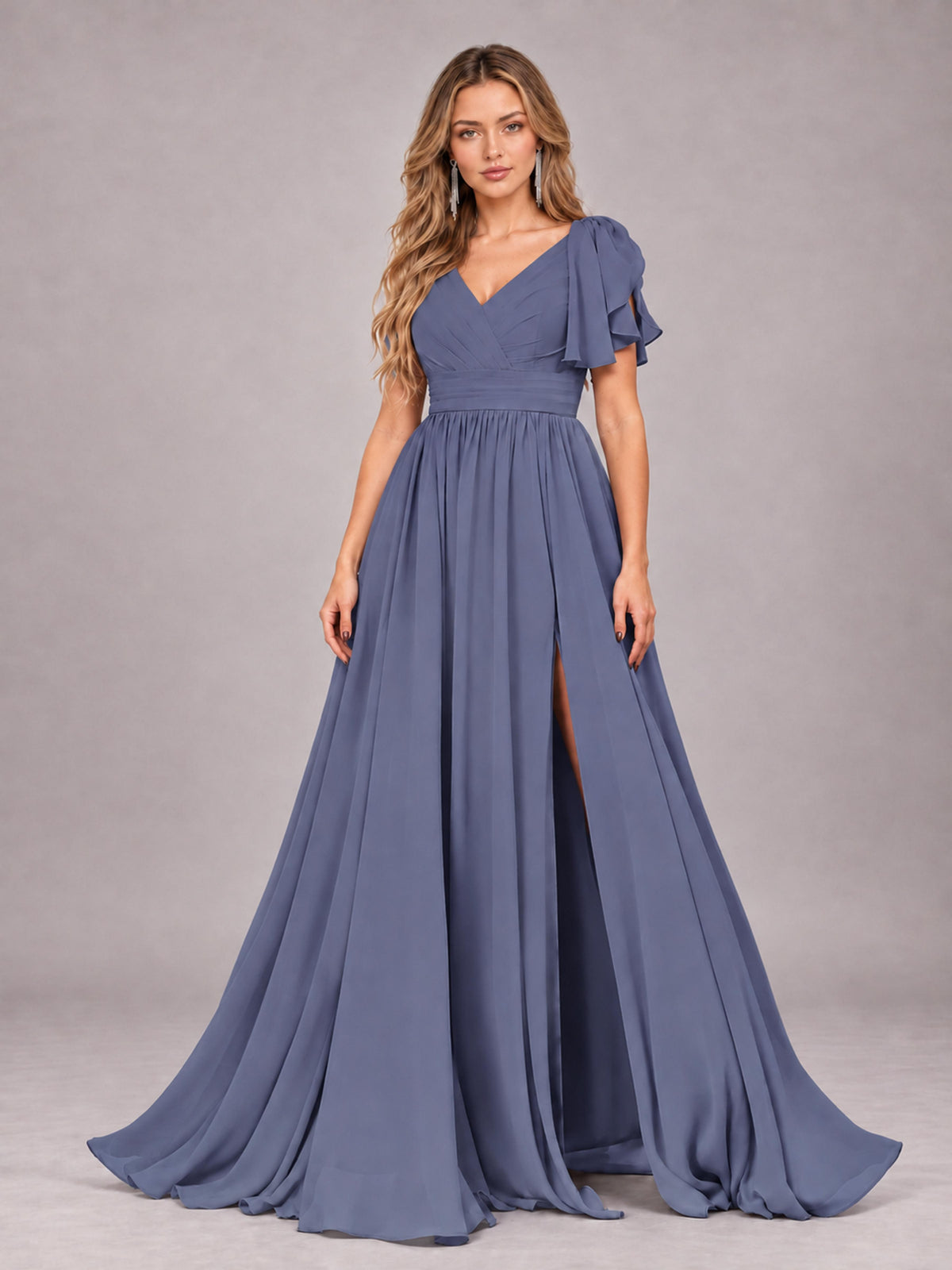 Stormy Blue Beautiful BridesmaidV-Neck Lace-Up Back Chiffon Bridesmaid Dress with Slit