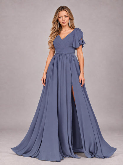 Stormy Blue Beautiful BridesmaidV-Neck Lace-Up Back Chiffon Bridesmaid Dress with Slit