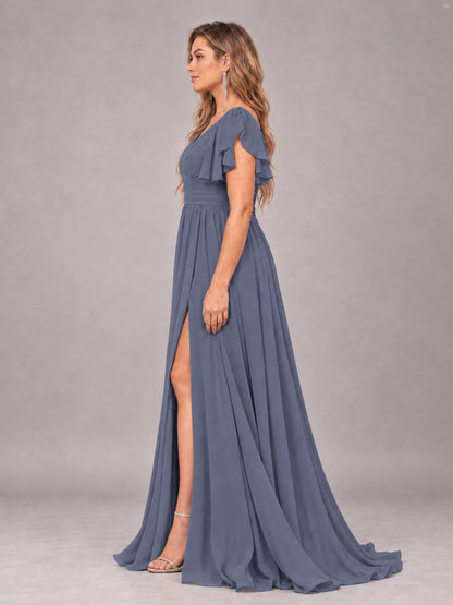 Stormy Blue Beautiful BridesmaidV-Neck Lace-Up Back Chiffon Bridesmaid Dress with Slit