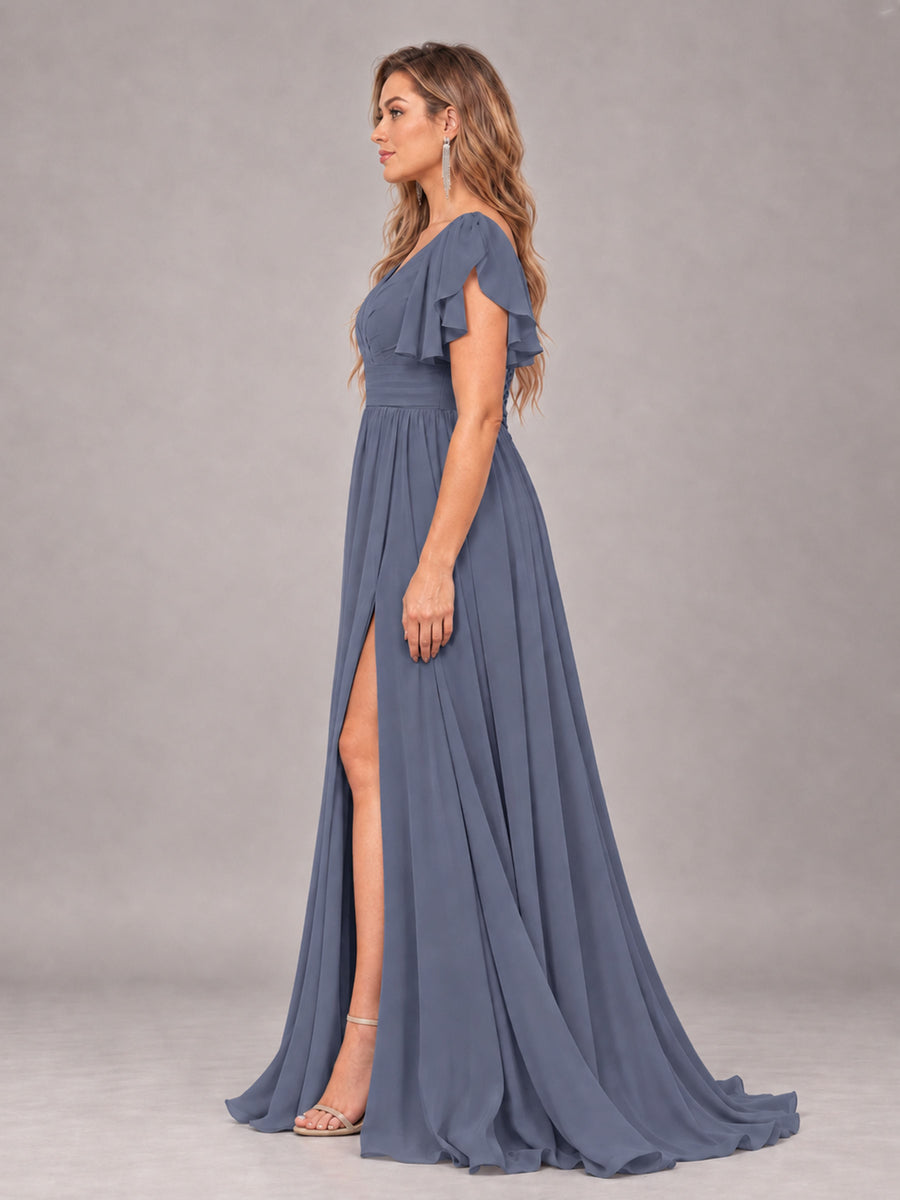 Stormy Blue Beautiful BridesmaidV-Neck Lace-Up Back Chiffon Bridesmaid Dress with Slit