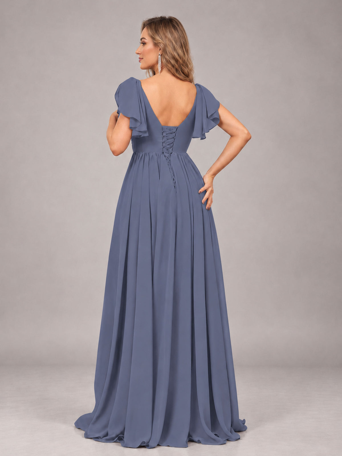 Stormy Blue Beautiful BridesmaidV-Neck Lace-Up Back Chiffon Bridesmaid Dress with Slit