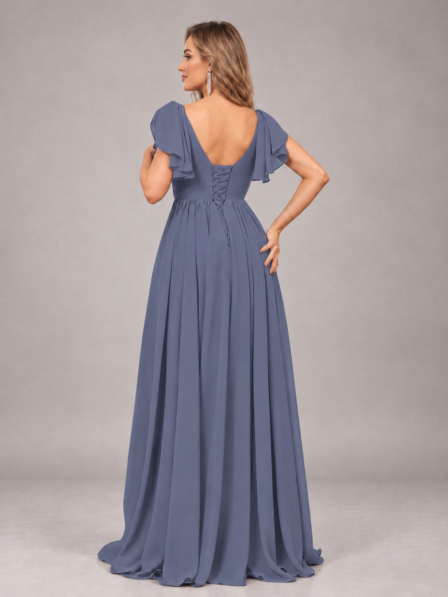 Stormy Blue Beautiful BridesmaidV-Neck Lace-Up Back Chiffon Bridesmaid Dress with Slit