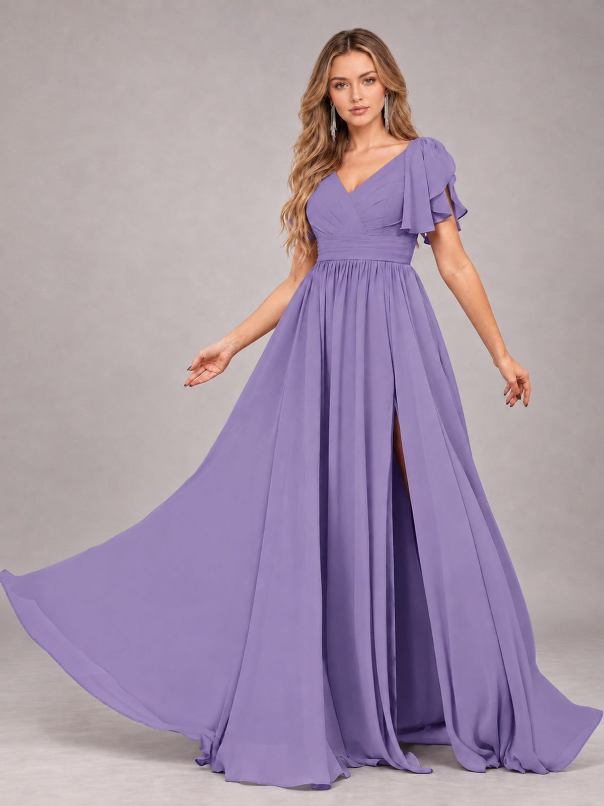 Tahiti Beautiful BridesmaidV-Neck Lace-Up Back Chiffon Bridesmaid Dress with Slit