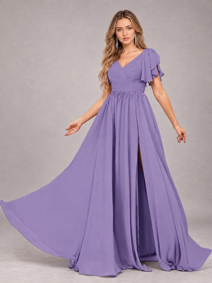 Tahiti Beautiful BridesmaidV-Neck Lace-Up Back Chiffon Bridesmaid Dress with Slit
