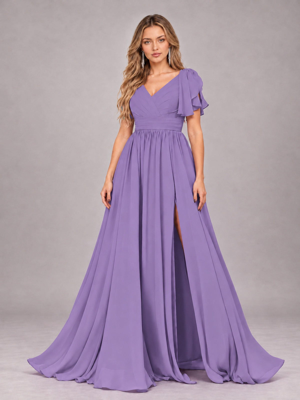 Tahiti Beautiful BridesmaidV-Neck Lace-Up Back Chiffon Bridesmaid Dress with Slit