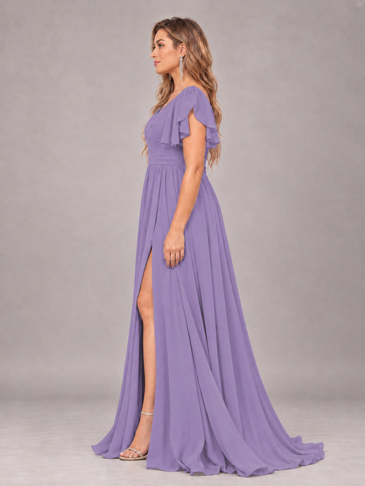 Tahiti Beautiful BridesmaidV-Neck Lace-Up Back Chiffon Bridesmaid Dress with Slit