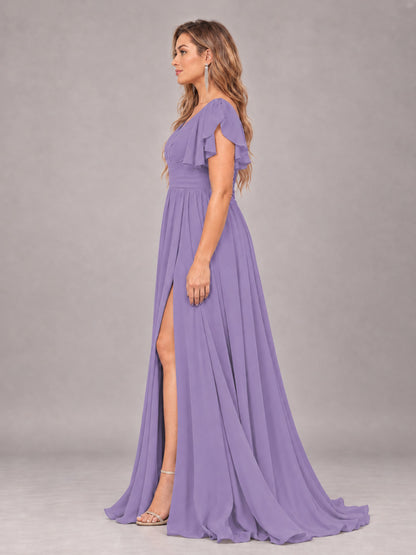Tahiti Beautiful BridesmaidV-Neck Lace-Up Back Chiffon Bridesmaid Dress with Slit