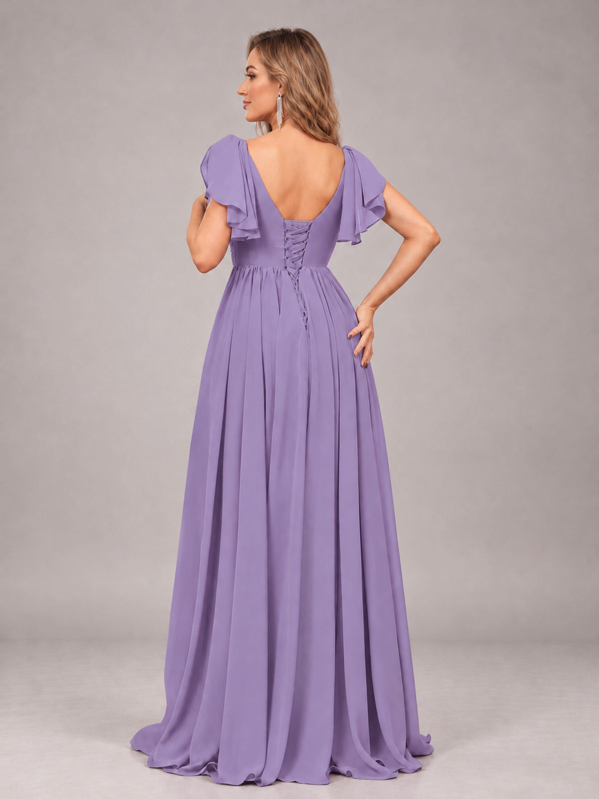 Tahiti Beautiful BridesmaidV-Neck Lace-Up Back Chiffon Bridesmaid Dress with Slit