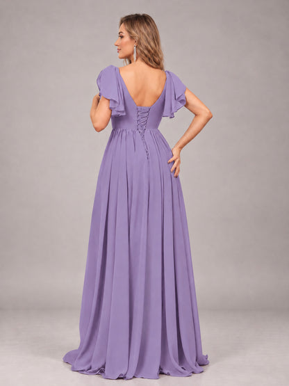 Tahiti Beautiful BridesmaidV-Neck Lace-Up Back Chiffon Bridesmaid Dress with Slit