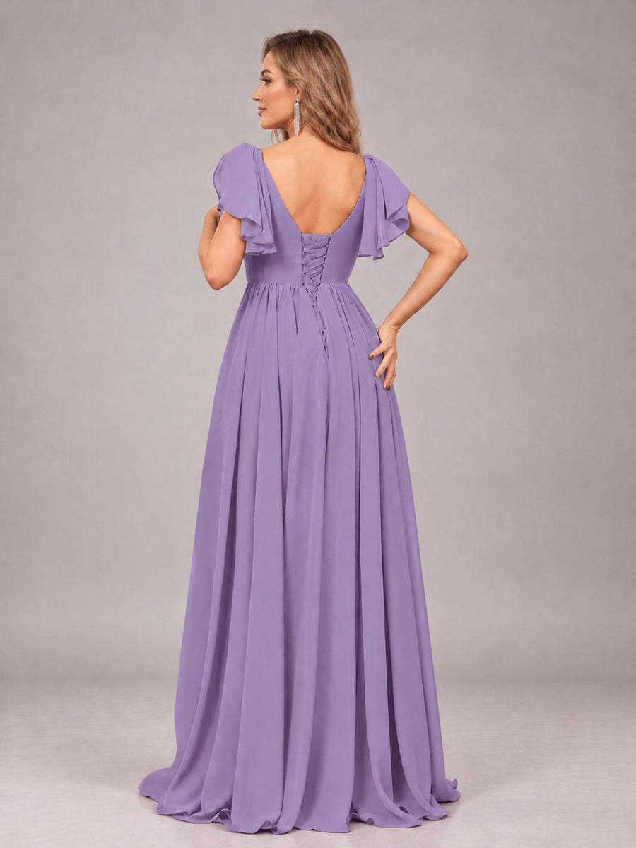 Tahiti Beautiful BridesmaidV-Neck Lace-Up Back Chiffon Bridesmaid Dress with Slit