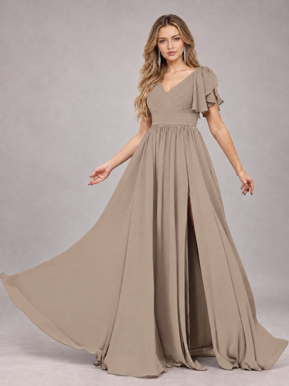 Taupe Beautiful BridesmaidV-Neck Lace-Up Back Chiffon Bridesmaid Dress with Slit