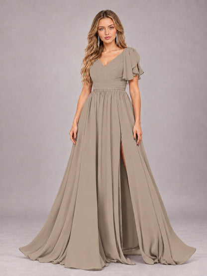 Taupe Beautiful BridesmaidV-Neck Lace-Up Back Chiffon Bridesmaid Dress with Slit