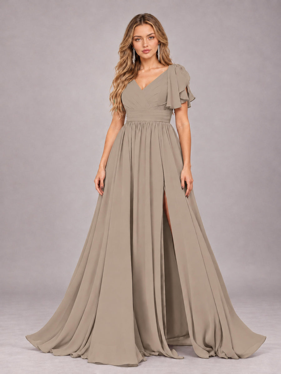 Taupe Beautiful BridesmaidV-Neck Lace-Up Back Chiffon Bridesmaid Dress with Slit