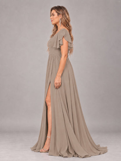 Taupe Beautiful BridesmaidV-Neck Lace-Up Back Chiffon Bridesmaid Dress with Slit